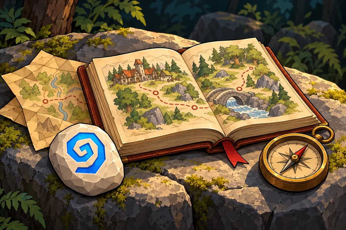An open adventurer’s route book, compass and hearthstone