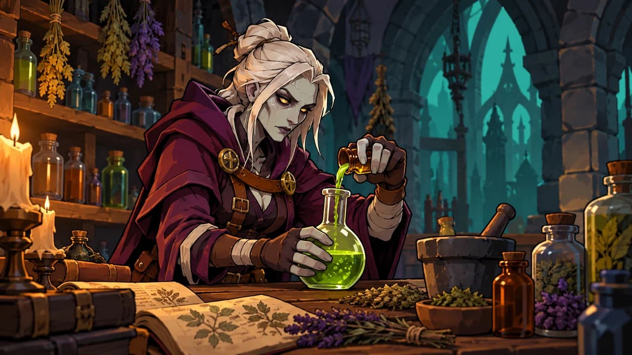 Original ForeverWisp illustration: a forsaken apothecary mixing a potion in a stone laboratory.