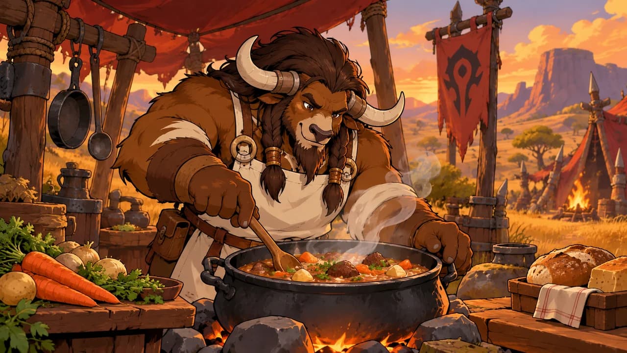 Original ForeverWisp illustration: a tauren cook stirring stew in a camp kitchen.