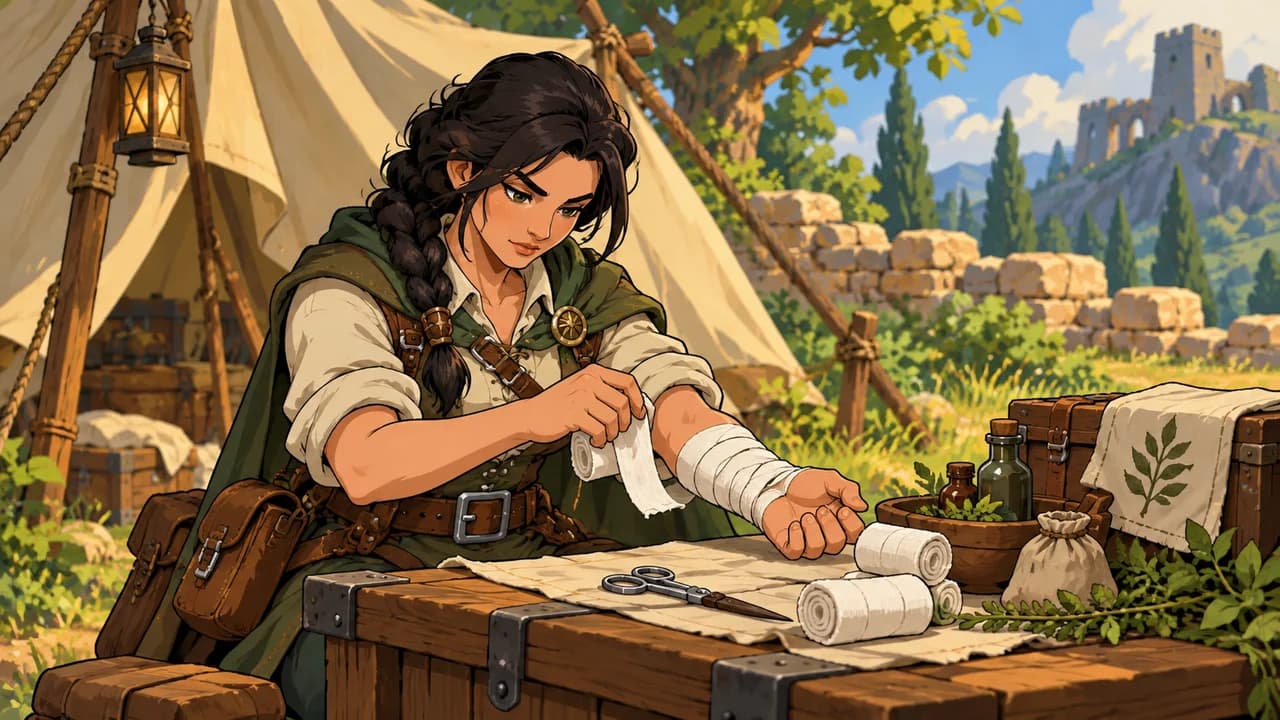 Original ForeverWisp illustration: a human medic wrapping a linen bandage at a field tent.