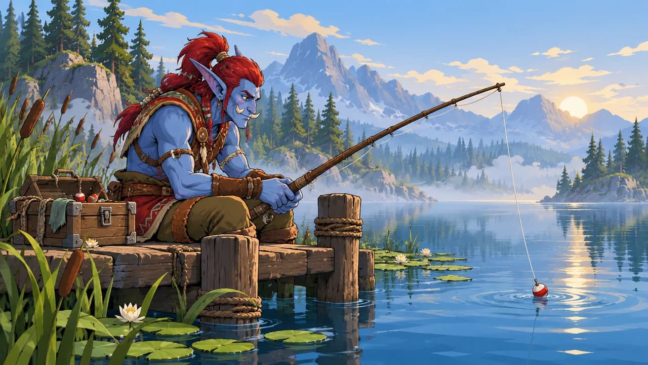Original ForeverWisp illustration: a troll fishing from a wooden jetty beside a mountain lake.