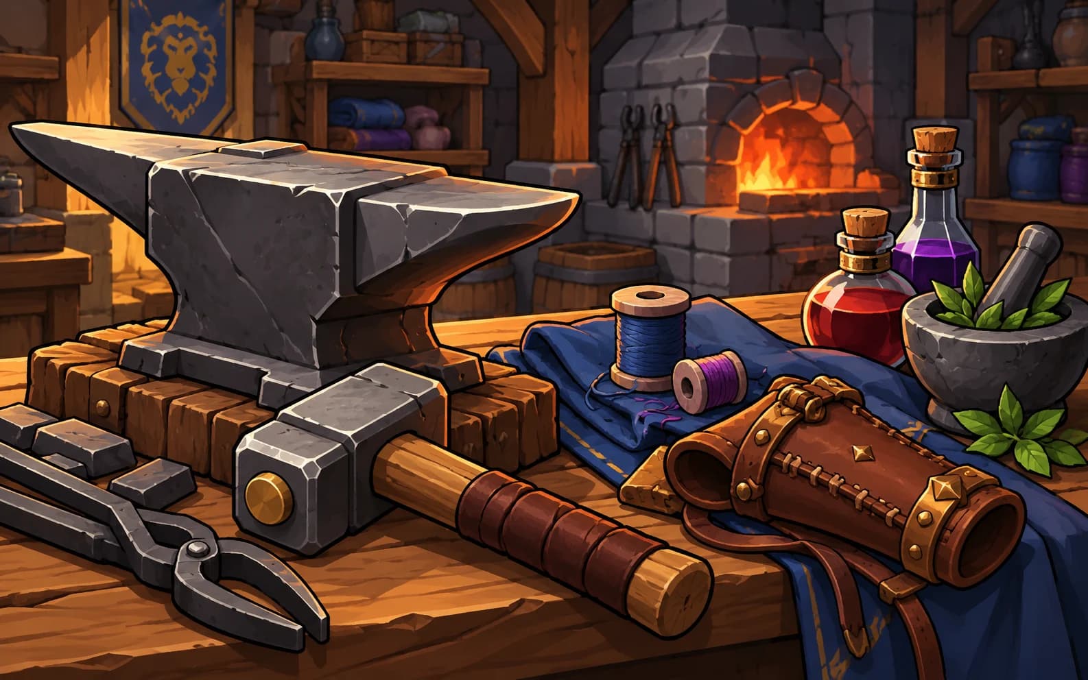 A crafting workshop with an anvil, alchemy bottles, cloth and a leather bracer