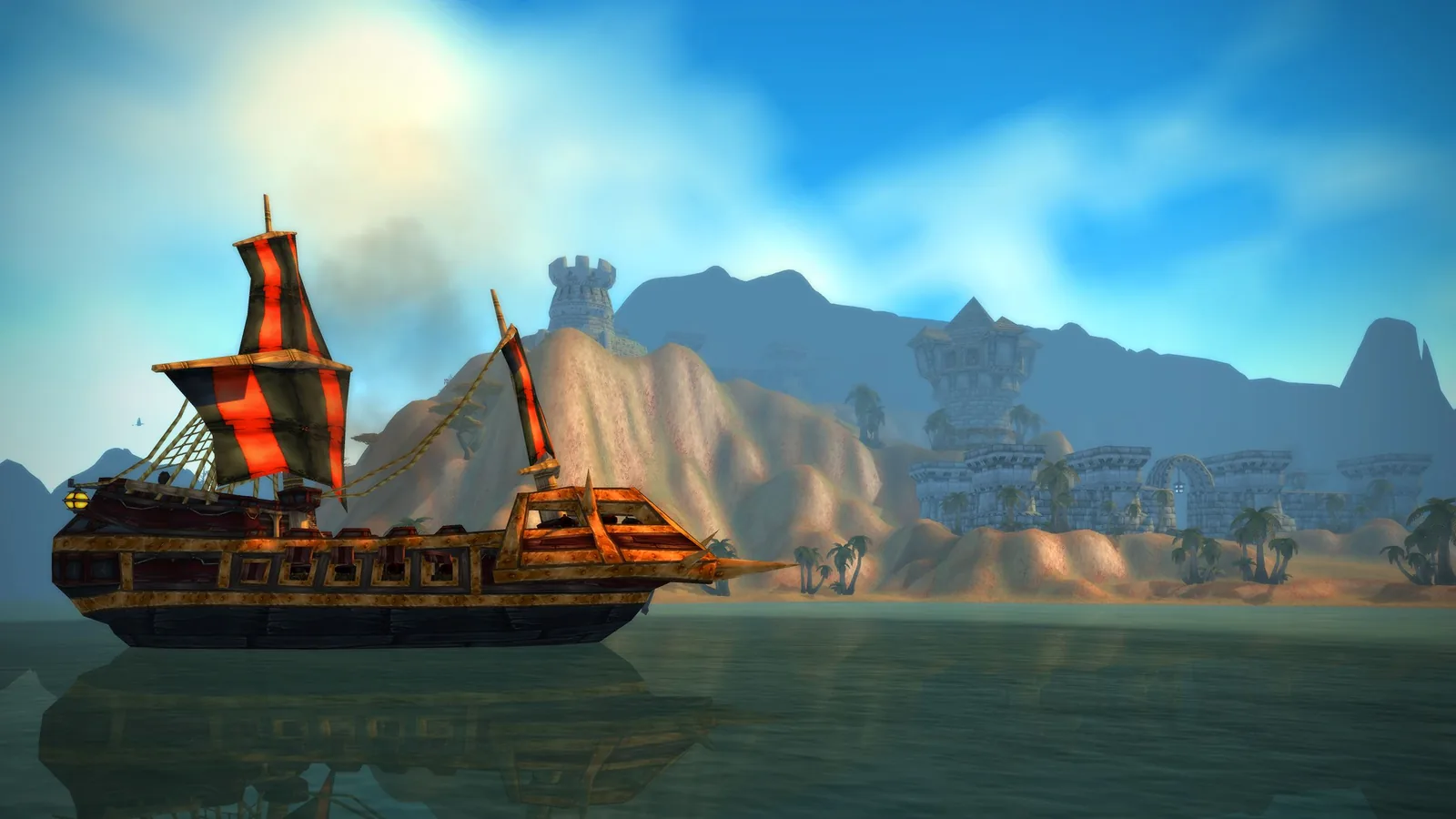 A ship with red and black striped sails off a sunlit coast with palm trees and a stone fortress