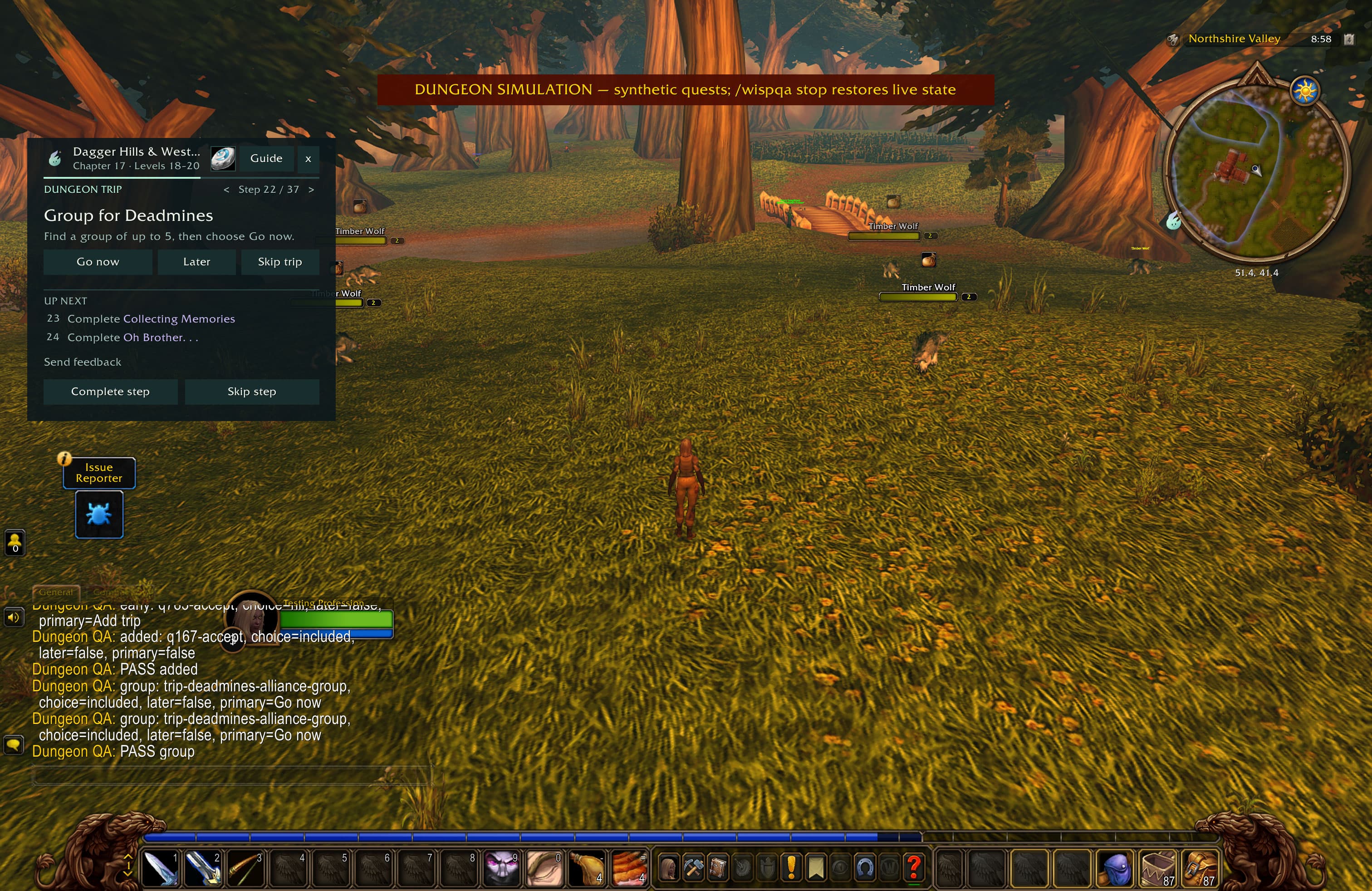 Wisp’s Group for Deadmines step with Go now, Later and Skip trip buttons.