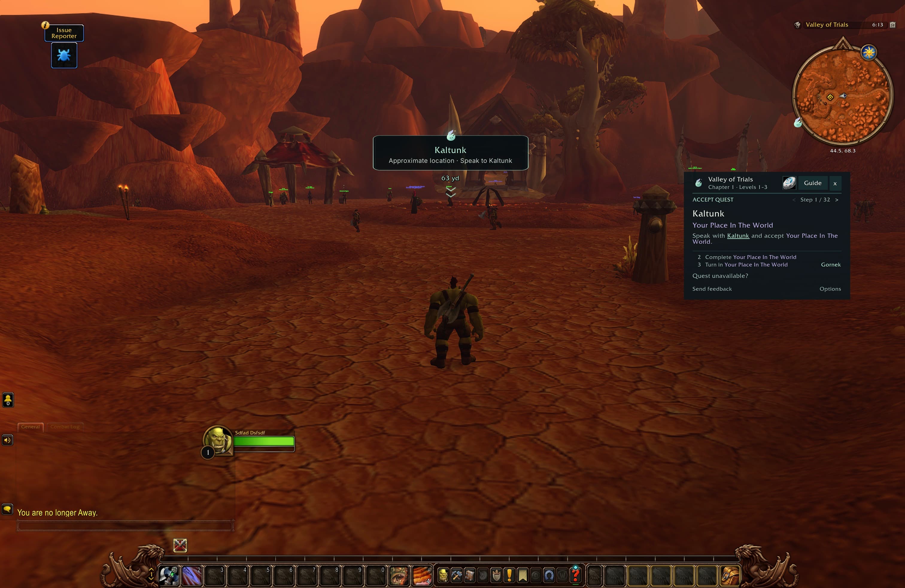 Wisp’s raised Kaltunk card and chevrons show an approximate destination 63 yards ahead in the Valley of Trials, with the player character and path visible below.