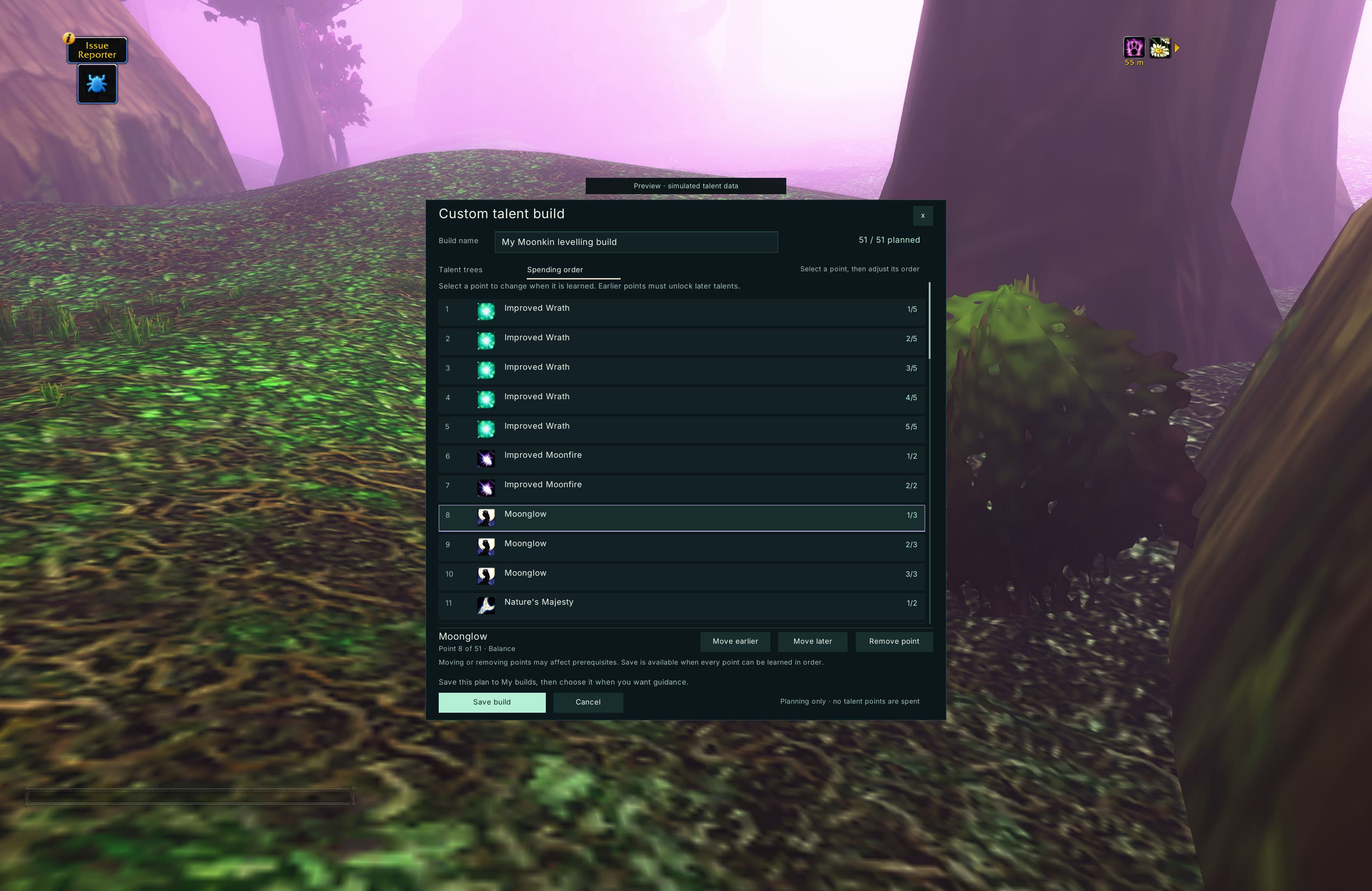 The custom build’s Spending order view has point 8, Moonglow rank 1/3, selected, with Move earlier, Move later and Remove point controls.