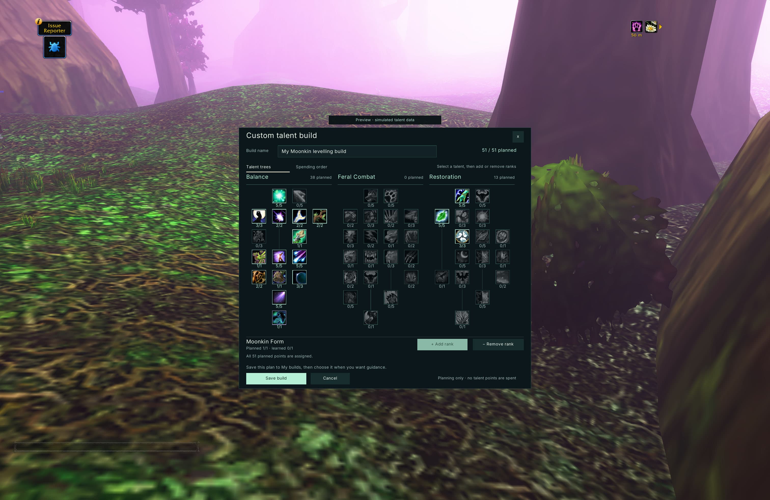 The custom talent editor for My Moonkin levelling build shows the Balance, Feral Combat and Restoration trees, with Moonkin Form selected.