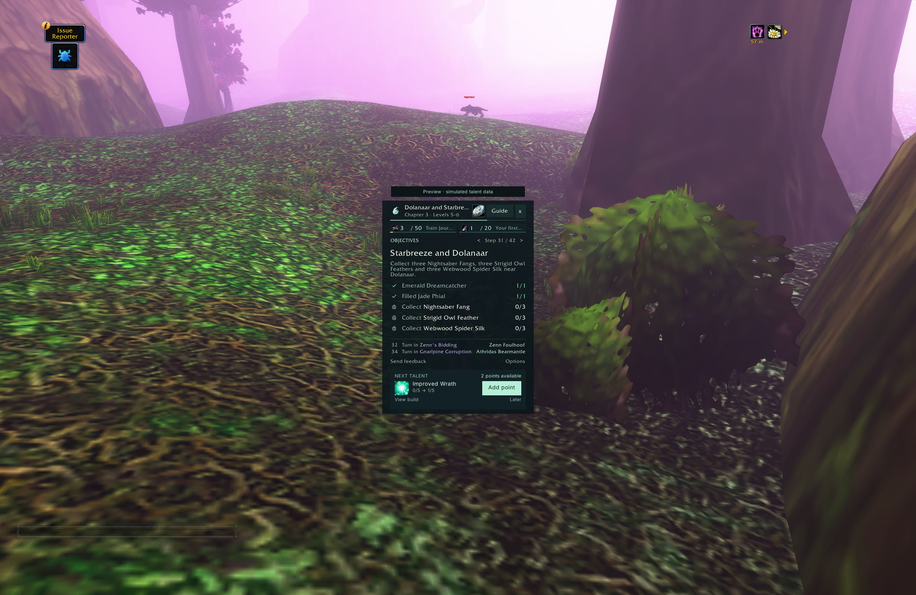 Wisp’s quest panel shows two available talent points and recommends Improved Wrath from rank 0/5 to 1/5, with Add point, View build and Later controls.