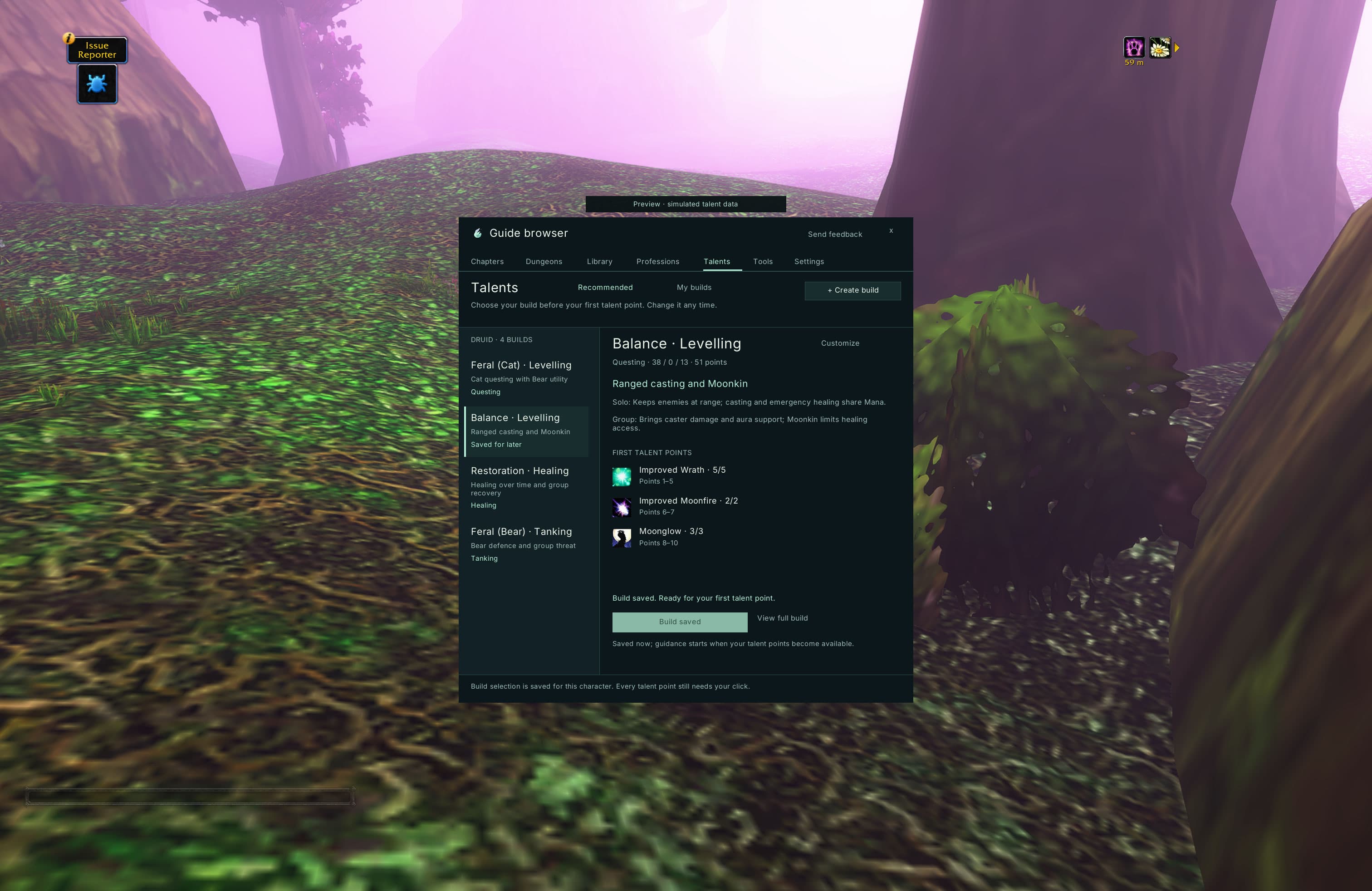 Wisp’s Talents tab with four Druid paths and the Balance levelling build saved before the first talent point.