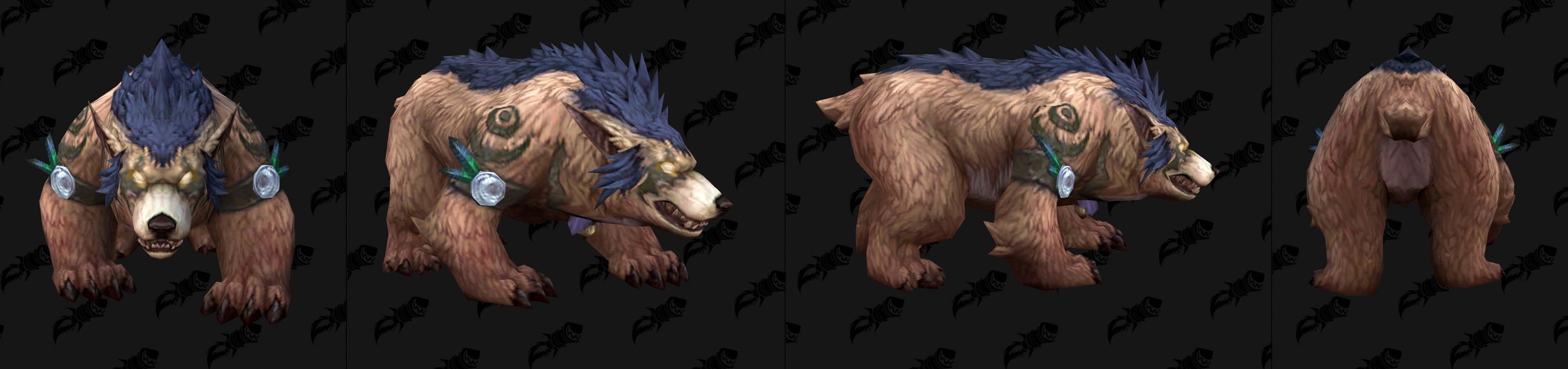 Bear-shaped model with brown fur, a dark blue mane, shoulder ornaments and green markings, shown from four angles.