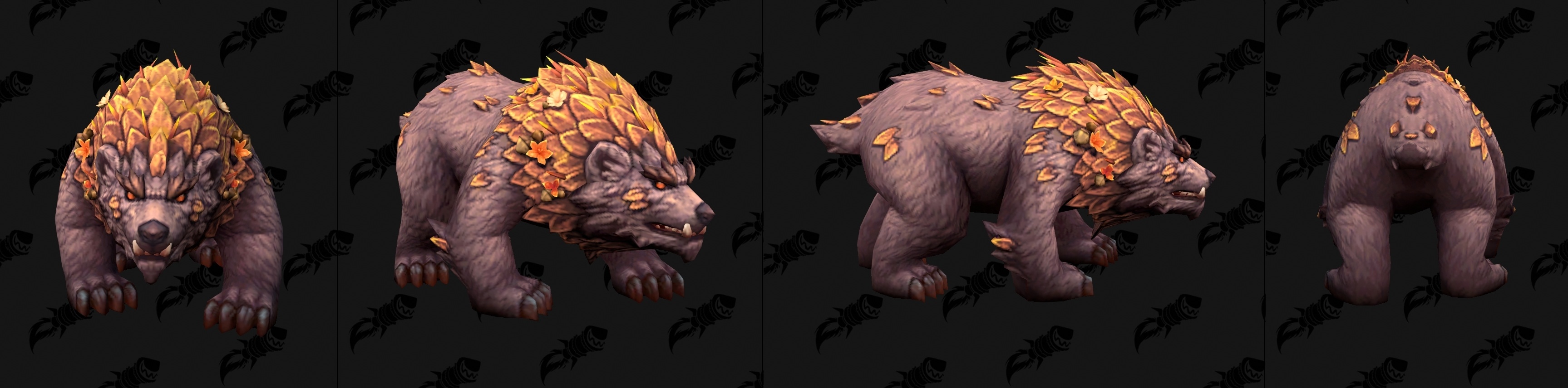 Bear-shaped model with purple-brown fur and orange leaf-like plates, shown from four angles.