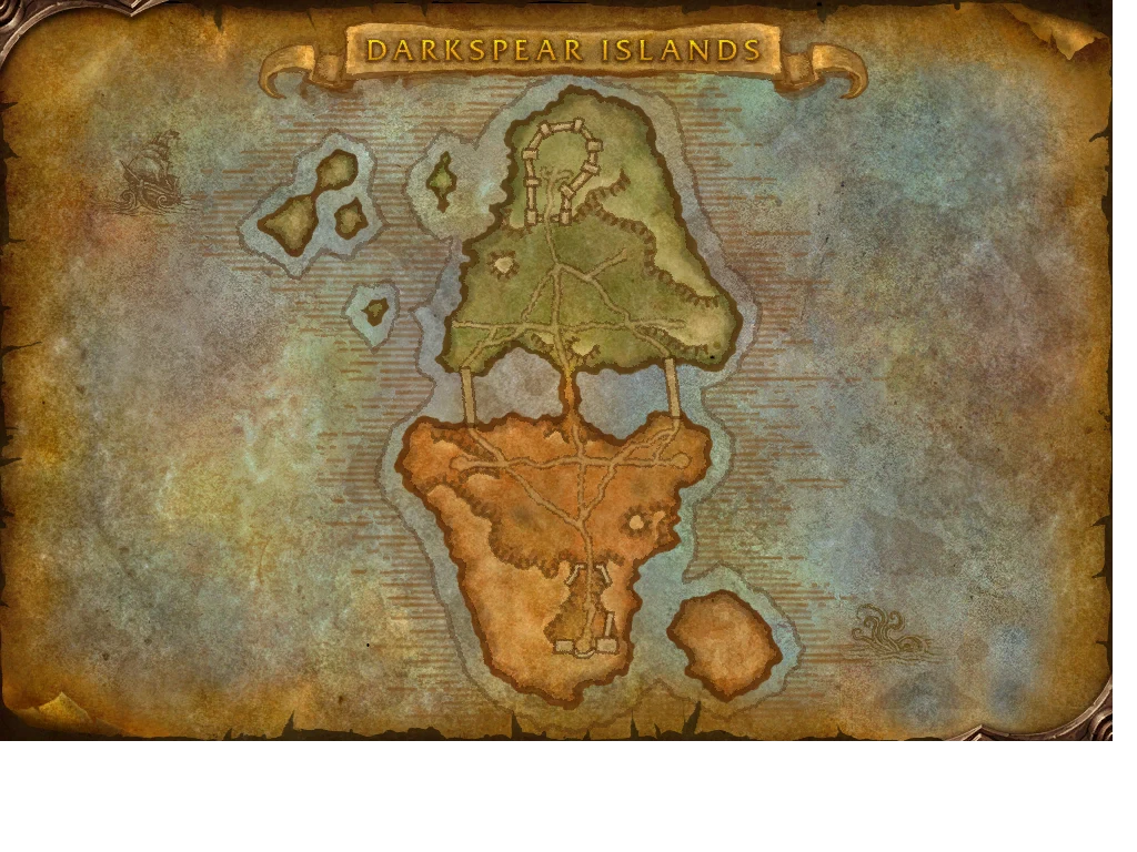 Datamined Darkspear Islands map showing two main land areas joined by bridges and smaller surrounding islands.