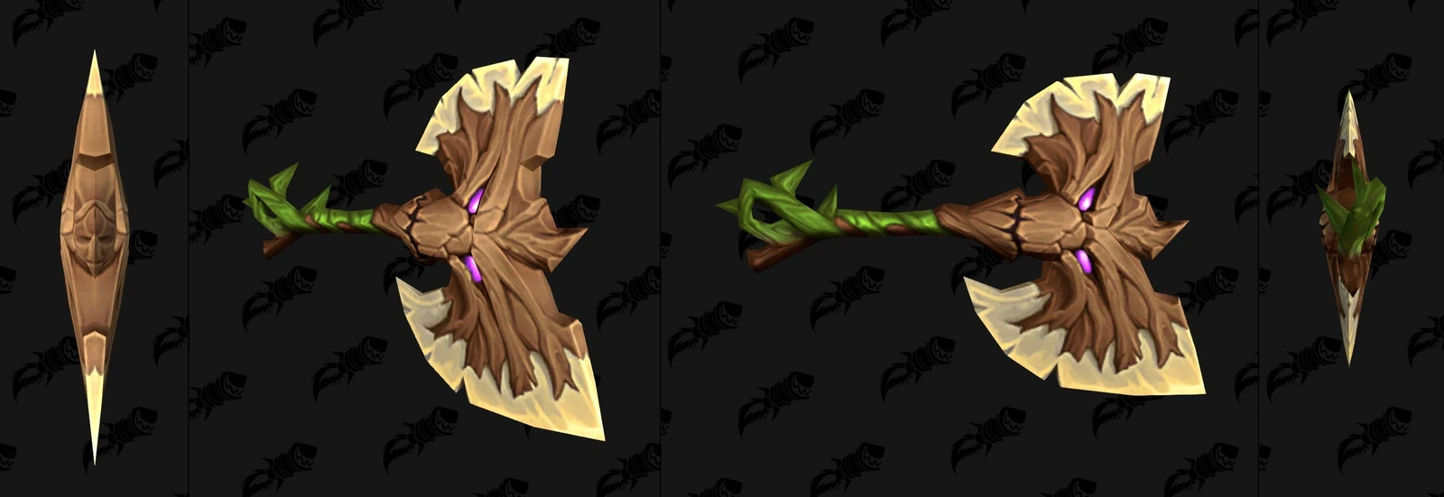 Hyjal weapon preview with an axe-shaped wooden blade, purple eyes and green vines, shown from several angles.