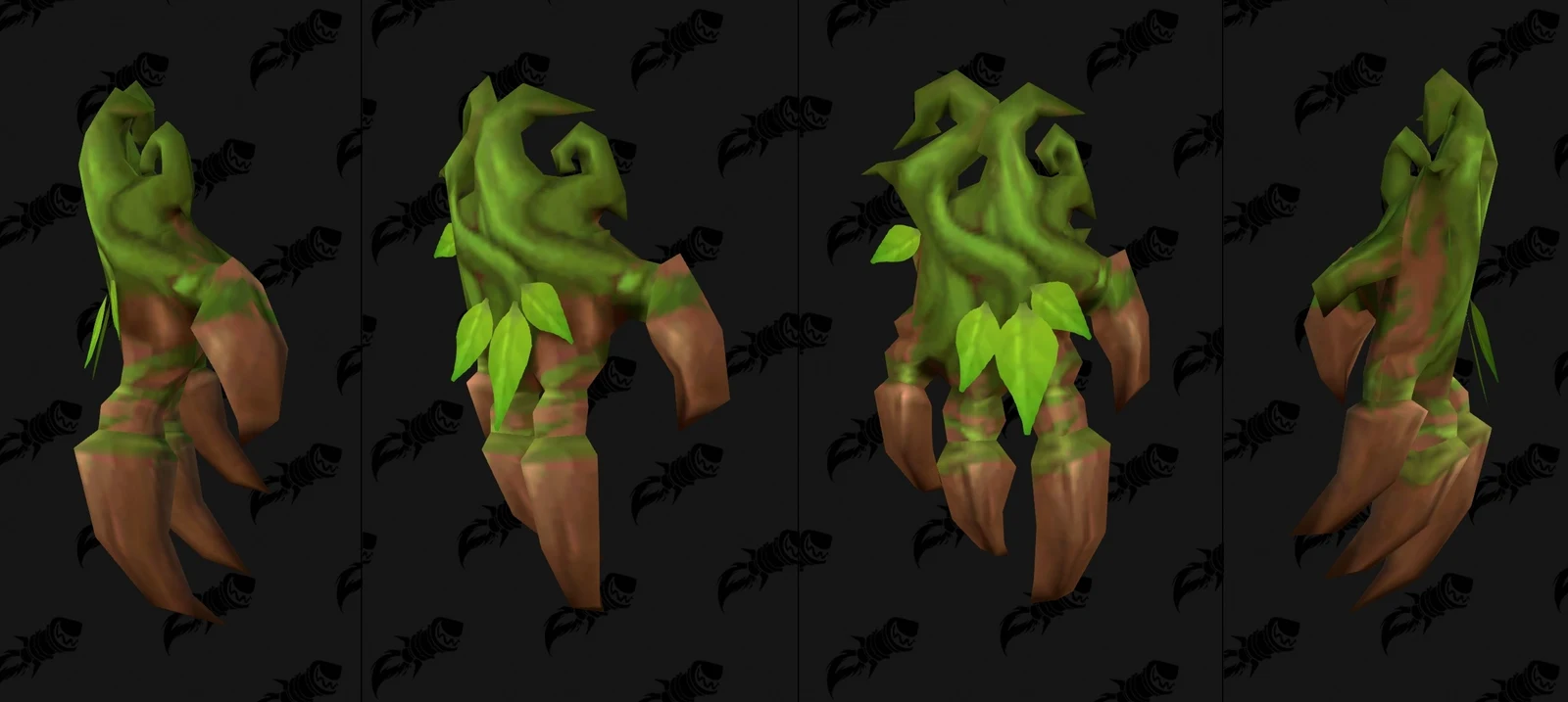 Claw-shaped Hyjal weapon model made of twisted brown wood and green foliage, shown from four angles.
