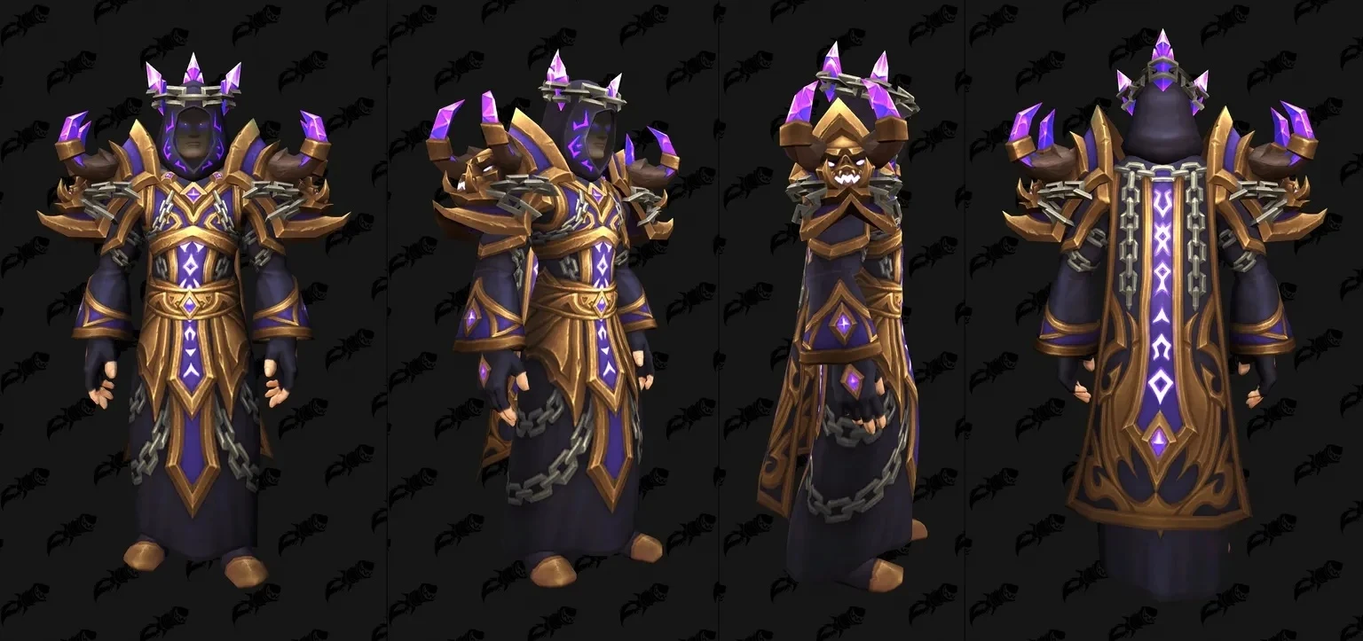 Warlock class-set model with purple crystals, gold-trimmed robes and chains, shown from four angles.