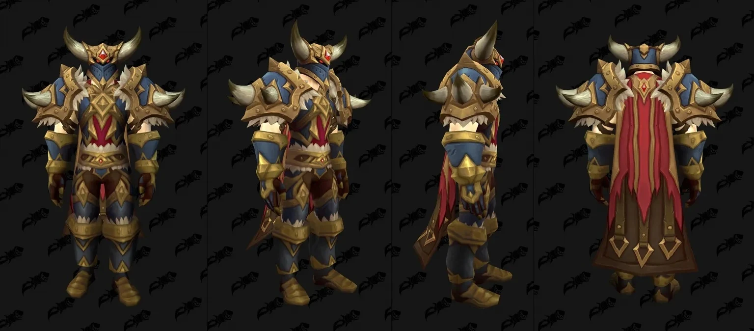 Alternate Warrior armour render with a red cape and blue and gold plate, shown from four angles.