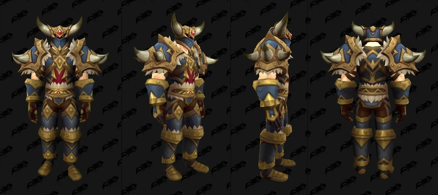 Datamined Warrior armour preview shown from the front, side and back, with horned shoulders and blue and gold plate.