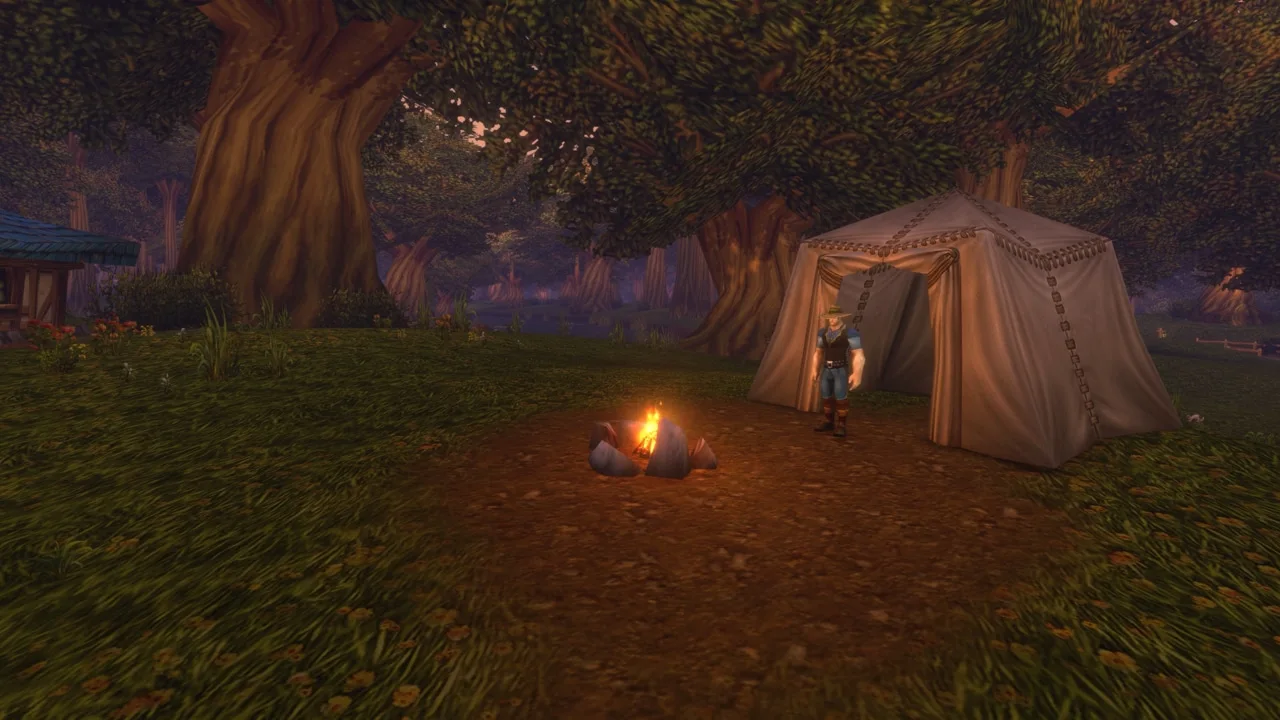 Quiet campfire and canvas tent beneath huge trees — official forever preview screenshot