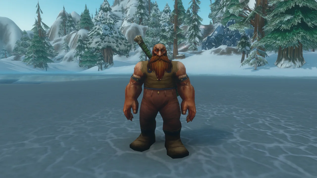 Dwarf standing on an icy lake, snowy firs and mountains — official forever preview screenshot
