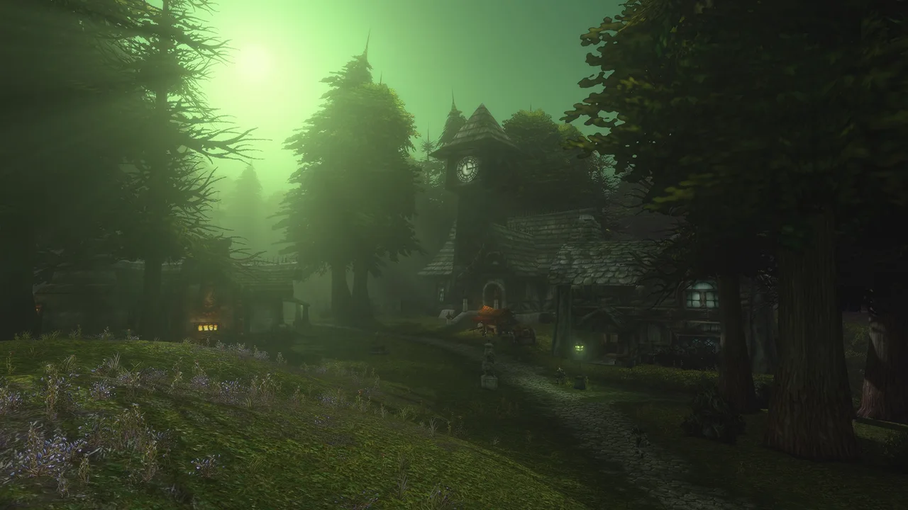 Green-lit conifer forest and a wild grassy trail — official forever preview screenshot
