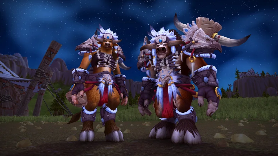 Two Tauren in heritage armour under a starry sky — official retail WoW character reference, not Forever gear