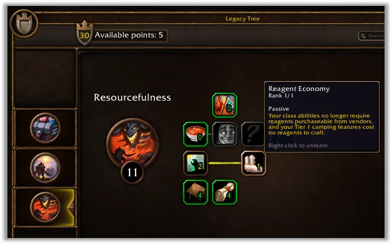 Legacy Tree interface showing Resourcefulness and Reagent Economy — official forever preview interface screenshot