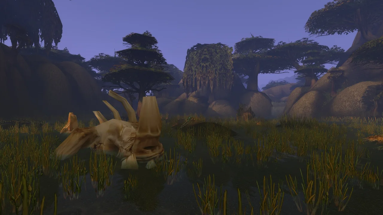 Dig-site landscape with large bones, a stone structure and purple sky — official forever preview screenshot