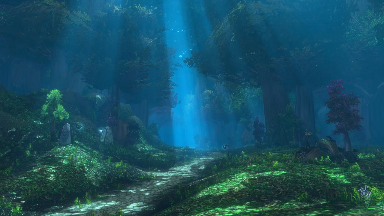 Deep blue woodland, giant trees, stream and shaft of moonlight — official forever preview screenshot