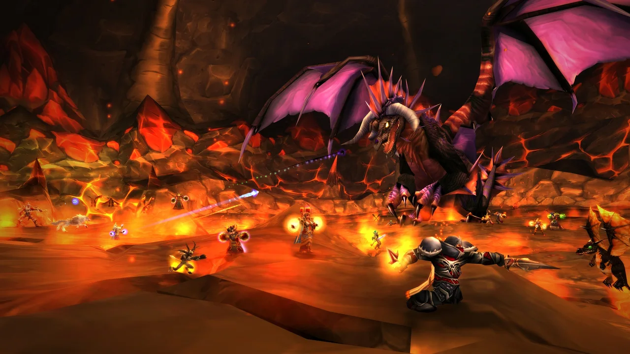 Onyxia fighting a raid in her fiery lair — official legacy wow reference screenshot