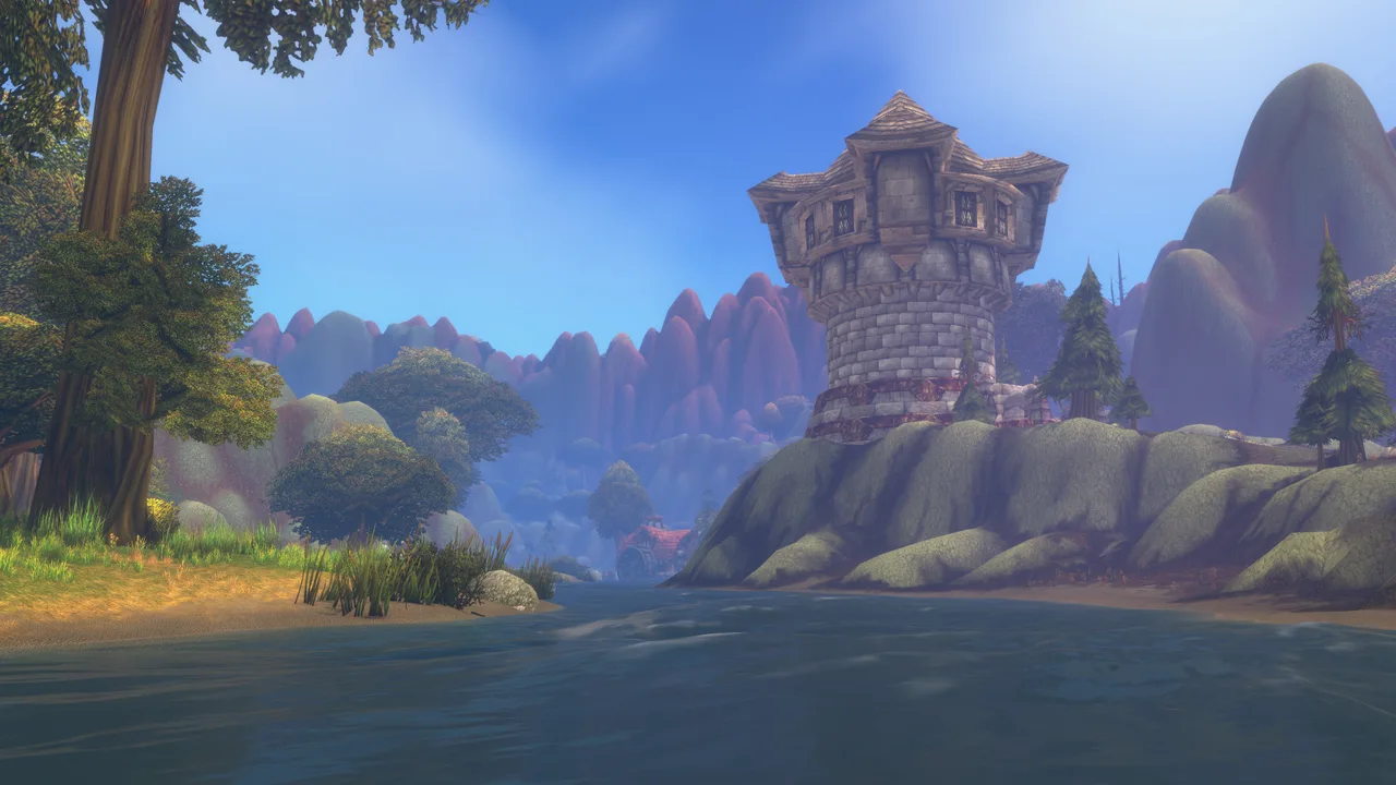 Broad river beside a human-style stone outpost and rocky hills — official forever preview screenshot
