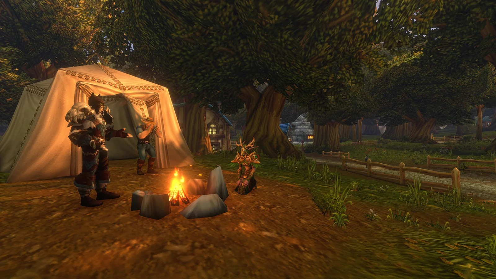 A tent and campfire shared by adventurers in World of Warcraft: Forever